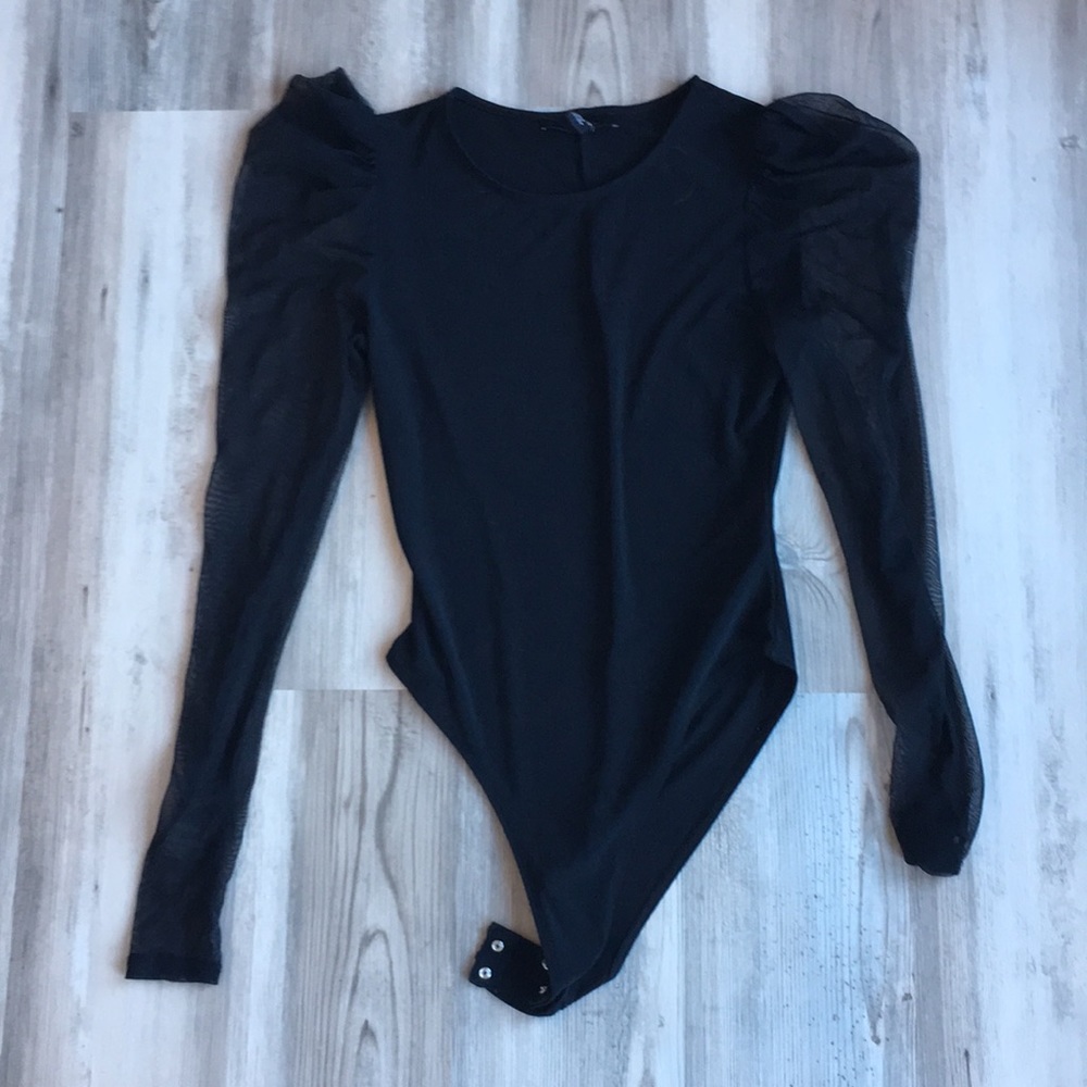 Black bodysuit with mesh puffed sleeves